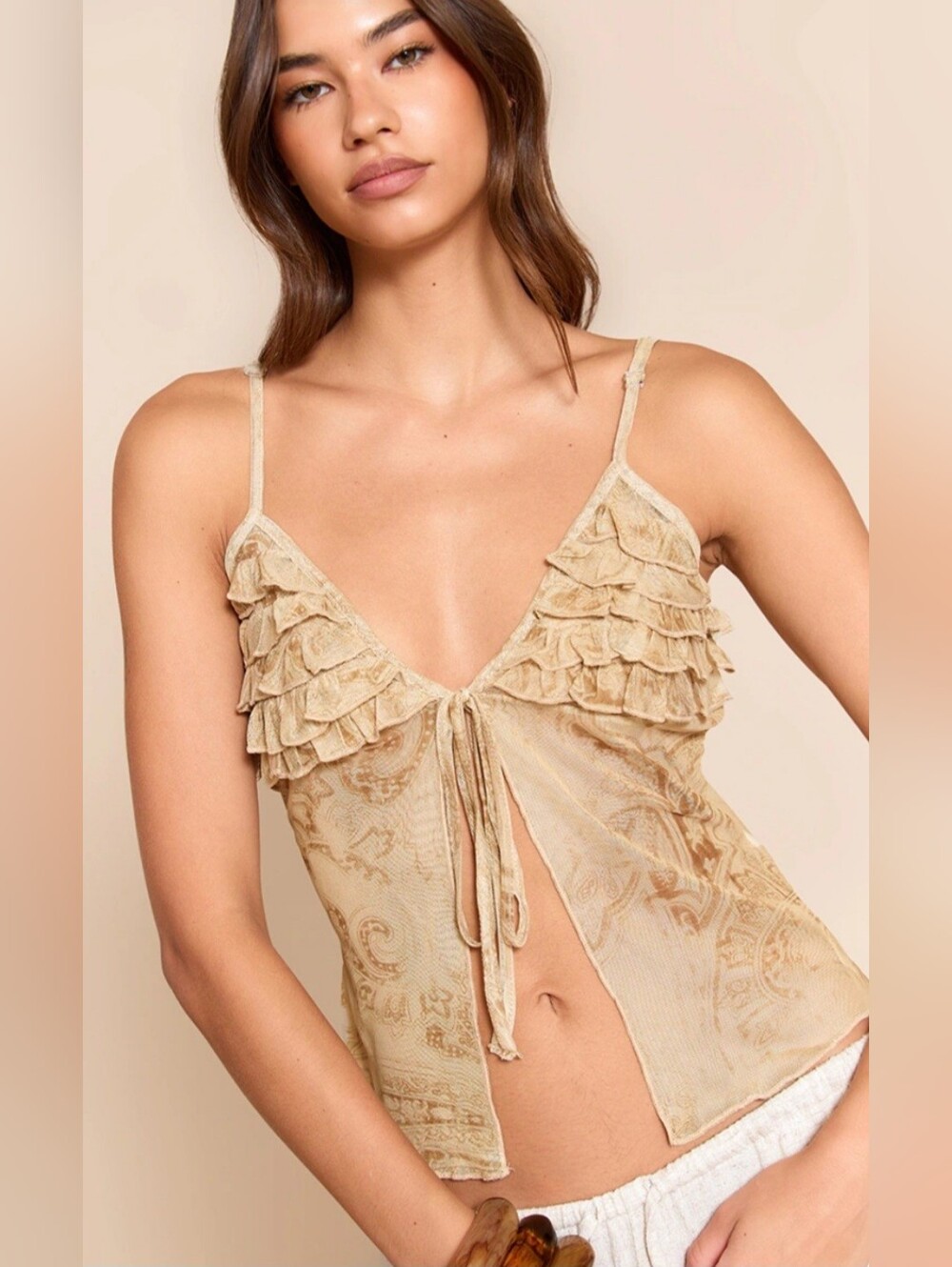 NWT PRETTYLITTLE THING STONE PAISLEY PRINTED MESH RUFFLE BUST TIE FRONT CAMI TOP
